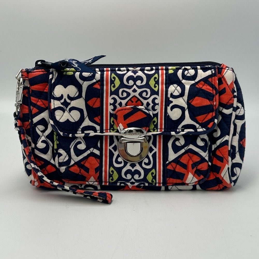 Vera Bradley Pushlock Wristlet Orange Blue Floral Clutch Quilted Purse Zipper
